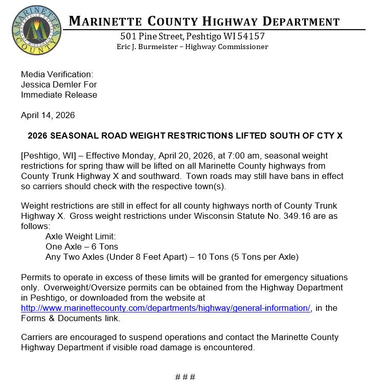 2026-seasonal-road-weight-restrictions-lifted-for-town-of-peshtigo-4-20-2026